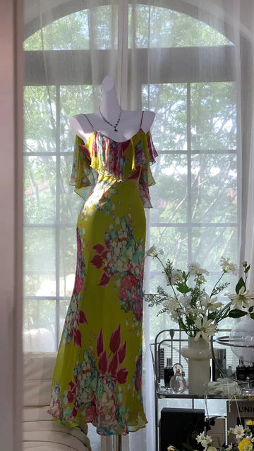 Green Print Floral Mermaid Spaghetti Strap Chiffon Backless Evening Dress Party Dress HZ1023